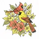 yellow jasmine and red cardinal perched tattoo design idea