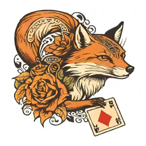Fox with calligraphy accents and playing cards tattoo design idea