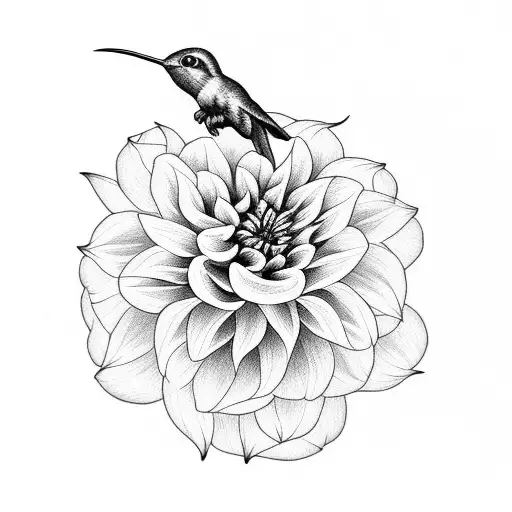dahlia bleeding heart flower with hummingbird tattoo design idea