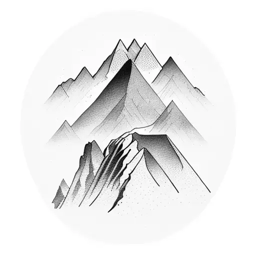 A majestic mountain range with a silhouette of a Weimaraner dog climbing a peak tattoo design idea