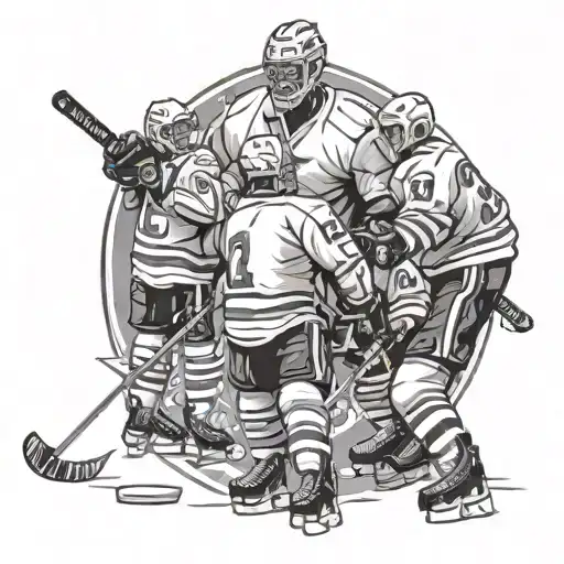 A hockey coach giving a motivational speech to a team of gods on an ice rink tattoo design idea