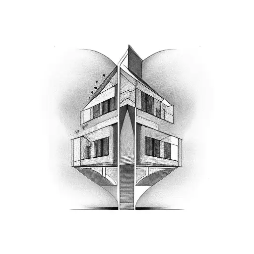 An architectural structure with musical notes as windows tattoo design idea