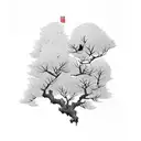 crow with trees and red accent around, fore ARM size tattoo design idea