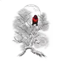 crow with trees and red accent around, fore ARM size tattoo design idea