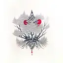 crow with trees and red accent around, fore ARM size tattoo design idea
