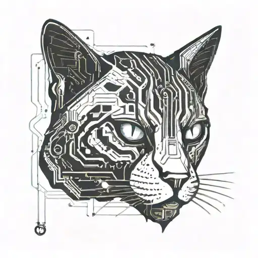 A futuristic cybernetic cat with glowing eyes and circuit patterns, symbolizing the connection between technology and solitude tattoo design idea