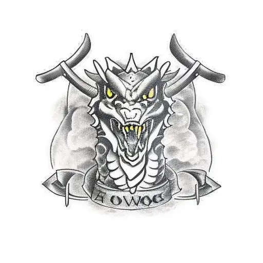 dragon head with Viking sword and axe tattoo design idea