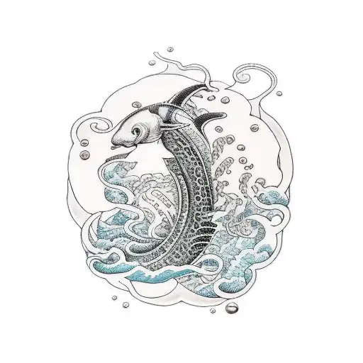 An intricate water-themed sleeve tattoo featuring marine life and musical notes tattoo design idea