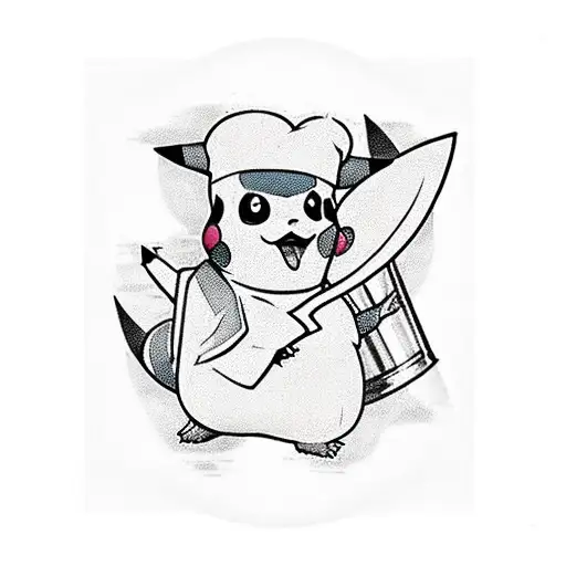 A traditional tattoo of Pikachu in a classic chef uniform, with crossed spatulas and a whisk tattoo design idea