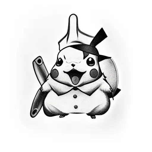 A realistic portrait of Pikachu wearing a chef's hat and holding a rolling pin tattoo design idea
