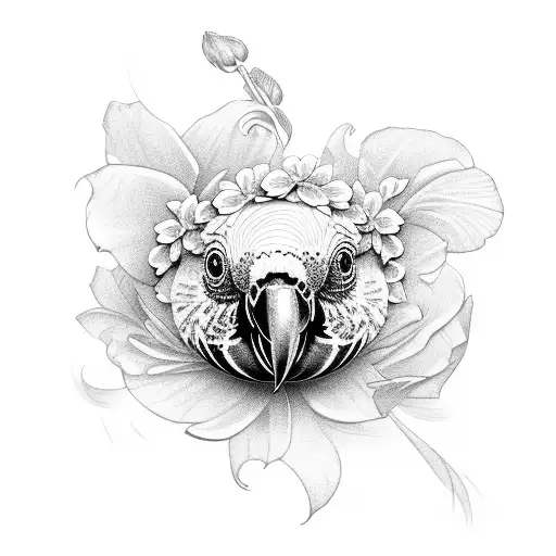 black and white parrot with flowers around tattoo design idea