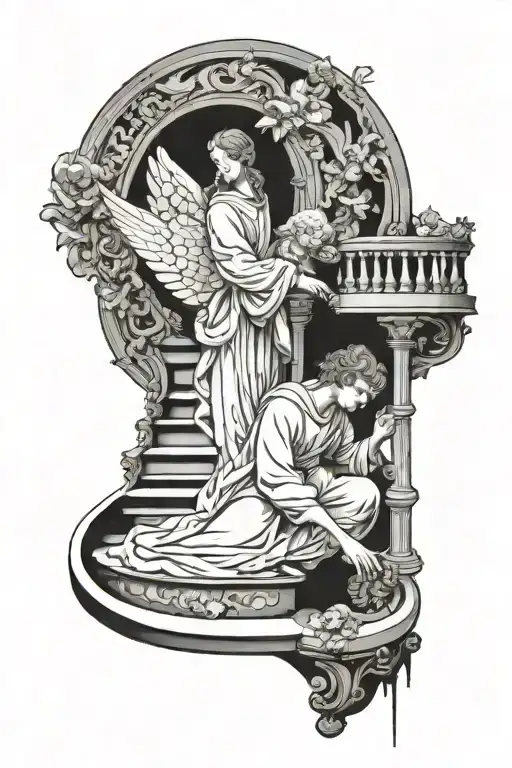 Guardian angel on staircase looking down on son   tattoo design idea