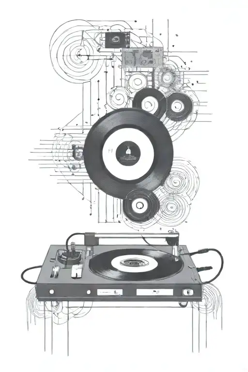  vinyl record, 8-track tape, cassette tape, computer,  tattoo design idea