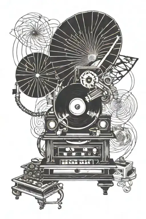 gramophone, vinyl record, 8-track tape, cassette tape, computer,  tattoo design idea