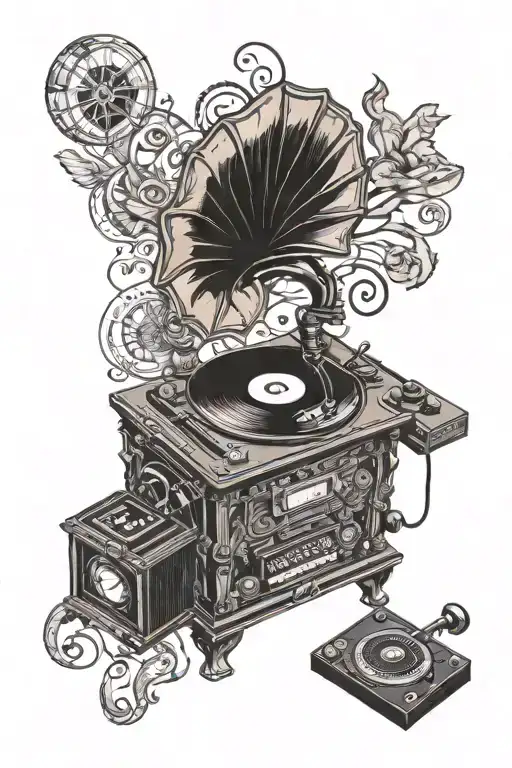 gramophone, vinyl record, 8-track tape, cassette tape, computer,  tattoo design idea