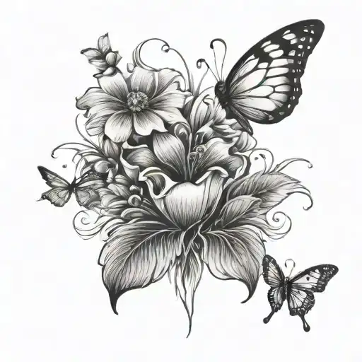  flowers, fingerprint, 444 written, butterfly  tattoo design idea