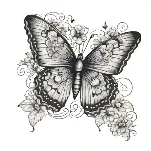 butterfly, flowers, fingerprint, 444 written tattoo design idea