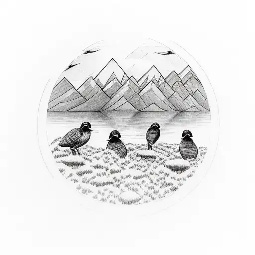 Feather with mountains inside reflecting in a lake with 4 small birds and 1 large bird tattoo design idea