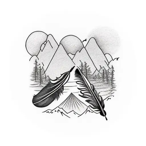 Feather with mountains inside reflecting in a lake with 4 small birds and 1 large bird tattoo design idea