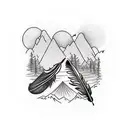 Feather with mountains inside reflecting in a lake with 4 small birds and 1 large bird tattoo design idea