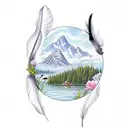 Feather with mountains inside reflecting in a lake with 4 small birds and 1 large bird tattoo design idea