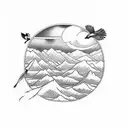 Feather with mountains inside reflecting in a lake with 4 small birds and 1 large bird tattoo design idea