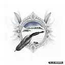 Feather with mountains inside reflecting in a lake with 4 small birds and 1 large bird tattoo design idea