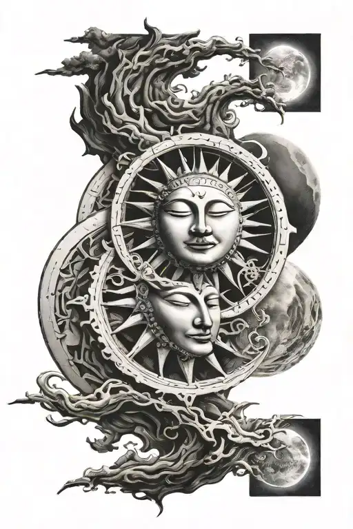 jing jang symbol integrated with a realistic photo of sun and moon tattoo design idea