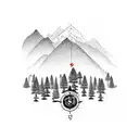 A serene mountain landscape with a hidden compass integrated into the design, symbolizing the client's love for hiking and nature tattoo design idea