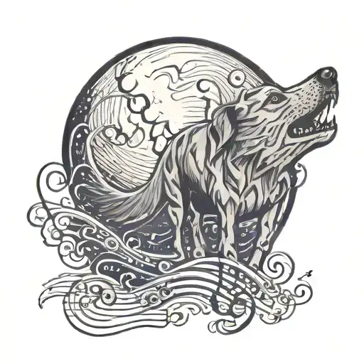 A tattoo design of a dog howling at a full moon made of musical notes tattoo design idea