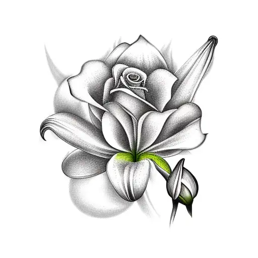 lily flower + rose + plantain tattoo design idea