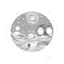 Serotonin molecule with image of starry night and shadow of boy watching stars within the cycles tattoo design idea