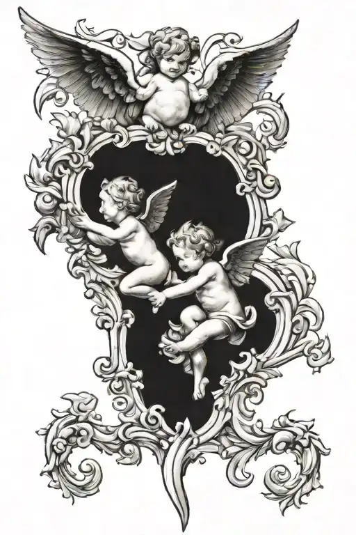"Create a black and white tattoo design for a leg, where the focal point is two cherubs (one good and one evil) pulling  tattoo design idea