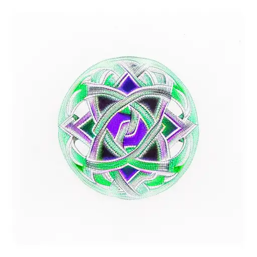 One tricolored trinity knot in green, purple, and blue with black outline. Main color green. Accent colors purple and bl tattoo design idea