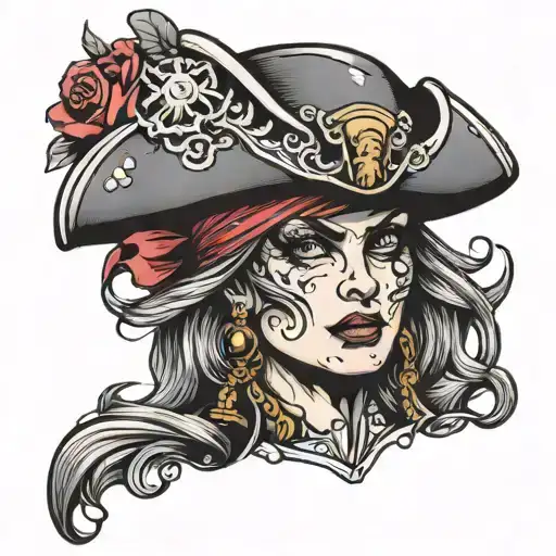 woman pirate face with hat tattoo design idea