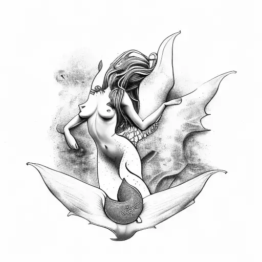 A shamanic journey depicted by a nude mermaid exploring a hidden animal tattoo design idea