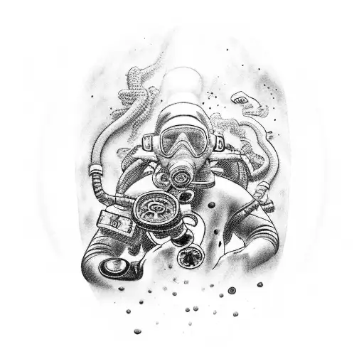 A shamanic journey depicted by a scuba diver exploring a hidden underwater temple tattoo design idea