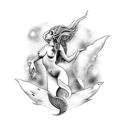A shamanic journey depicted by a nude mermaid exploring a hidden underwater temple tattoo design idea