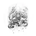 A shamanic journey depicted by a scuba diver exploring a hidden underwater temple tattoo design idea