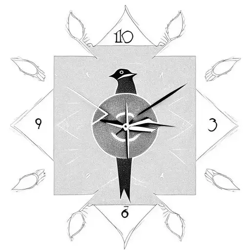 A minimalist tattoo of a crow in flight, with a clock face integrated into its wings tattoo design idea
