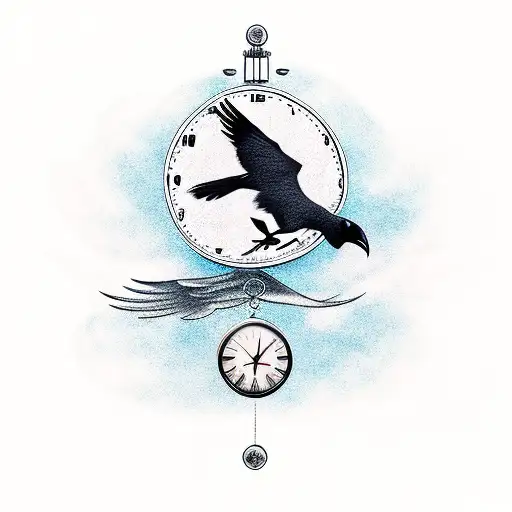 A minimalist tattoo of a crow in flight, with a clock face integrated into its wings tattoo design idea