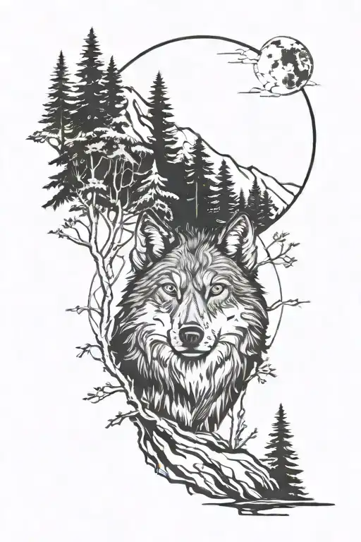 trees woods mountains wolf tattoo design idea