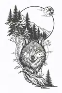 trees woods mountains wolf tattoo design idea
