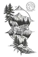 trees woods mountains wolf tattoo design idea