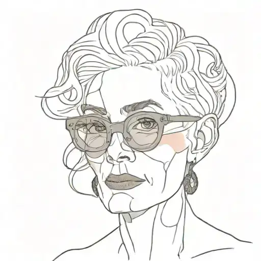 A portrait of Linda Rodin in her iconic style, with abstract art elements incorporated into the background tattoo design idea