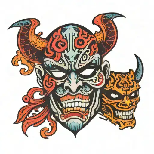 bipolar oni mask split in half tattoo design idea