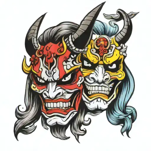 bipolar disorder oni mask split evil and sad tattoo design idea