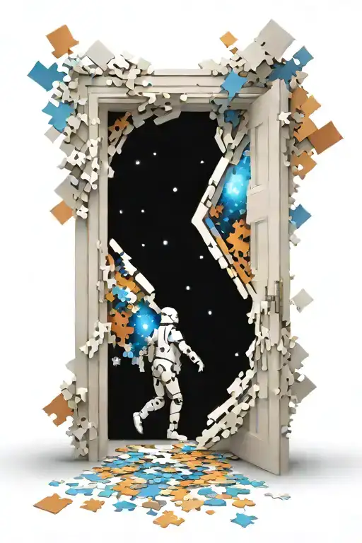 sci fi open door into universe door made of puzzle pieces tattoo design idea