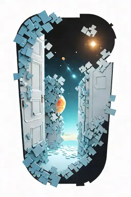 sci fi open door into universe door made of large  puzzle pieces tattoo design idea