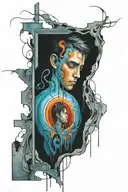 lost boy finding his way through a door to his inner mind  tattoo design idea